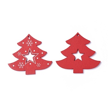 Pendentifs en bois de peuplier, teinte, arbre de Noël, rouge, 62x66.5x3mm, Trou: 2.5mm
