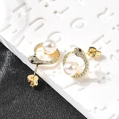 Серьги-гвоздики в форме змеи с круглыми латунными микропаве из прозрачных кубических цирконий EJEW-C154-10G-1