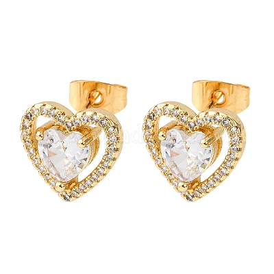 Серьги-гвоздики в форме сердца из латуни с прозрачным фианитом и прозрачным фианитом EJEW-K267-20G-1