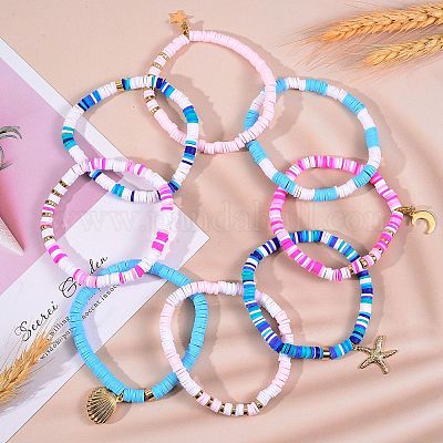 4Pcs 4 Styles Polymer Clay Heishi Beads Stretch Bracelets Sets, Stackable  Bracelets, with 304 Stainless Steel Spacer Beads and Brass Pendants