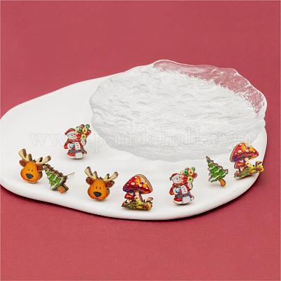 4 пара деревянных сережек-гвоздиков с принтом «Снеговик EJEW-OY001-07-1