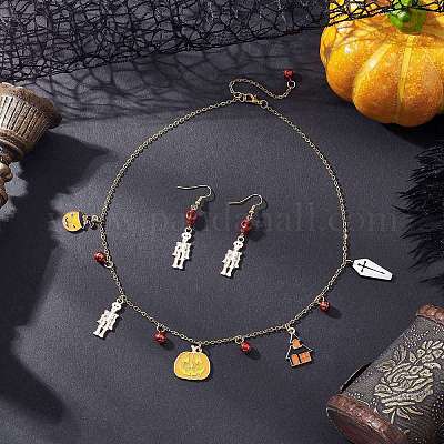 Комплект из ожерелья и сережек-гвоздиков из сплава эмали и синтетической бирюзы с черепом SJEW-JS01341-1