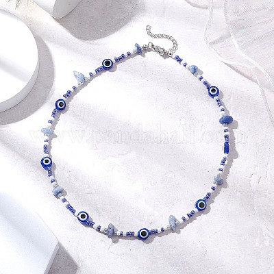 Натуральный авантюрин синего цвета (окрашенный и нагретый) ожерелья из бисера от сглаза и стеклянных бус NJEW-JN05294-1