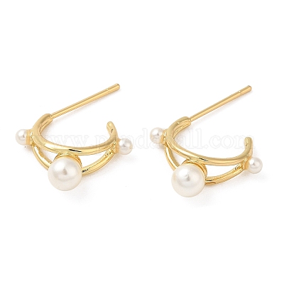 Серьги-гвоздики из латуни с подвеской и жемчужными бусинами EJEW-D061-04G-1