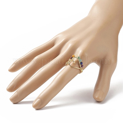 Открытое кольцо-манжета с плетеным сердцем из бисера из натуральных смешанных драгоценных камней RJEW-JR00549-1