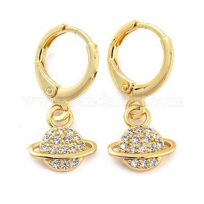 Серьги-подвески в форме планеты с латунным покрытием из микро-паве и кубическим цирконием EJEW-P240-06G-1