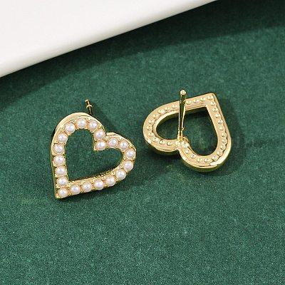 Серьги-гвоздики в форме сердца из латунного АБС-пластика с жемчугом EJEW-L275-14G-04-1