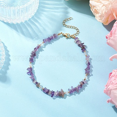 Браслеты на ногу с натуральным аметистом и стеклянными бусинами AJEW-AN00682-02-1