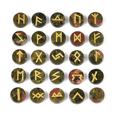 Латунь старший футарк алфавит выгравированный символ плоский круглый натуральный унакит рунические камни G-I373-01E-1