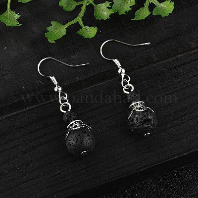 Серьги с подвесками из бусин из натуральной лавы EJEW-JE02144-01-1