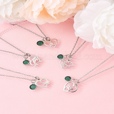 День святого Валентина 304 нержавеющая сталь и зеленое стекло кулон в форме сердца ожерелья с цепочкой для женщин NJEW-FS00014-04-1