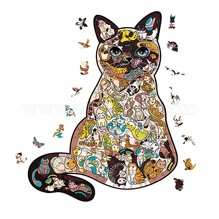 猫のパズル  大人、子供向けの不規則な動物のジグソーパズル  木のおもちゃ  カラフル  129x40mm PW-WG38578-01-1