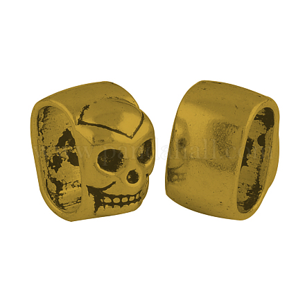 チベットスタイルの頭蓋骨のスライドのチャーム  カドミウムフリー＆鉛フリー  アンティーク黄金  13x8x13mm  穴：11x7mm TIBEB-A32281-AG-RS-1
