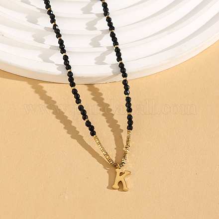 Женское ожерелье с подвеской из натуральной черной шпинели в форме круглой граненой буквы «Инициал» из нержавеющей стали ZD9259-11-1