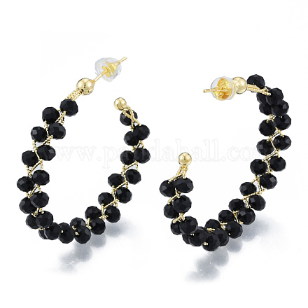 Aretes de perlas de vidrio negro envueltos en latón para mujer EJEW-N011-101-1