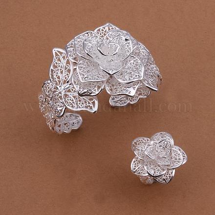 銀メッキ真鍮ジュエリーセット  大きな繊細な花のリングとバングル  サイズ8（18mm）  65mm SJEW-BB06007-1