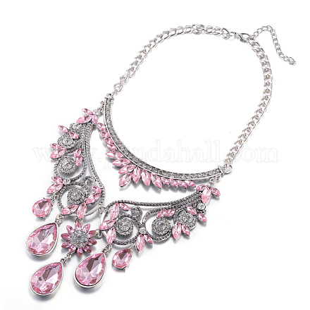 ファッションの女性ジュエリーの亜鉛合金ガラスラインストーンの花のよだれかけ文チョーカー襟ネックレス  ピンク  アンティークシルバー  11インチ NJEW-BB15083-B-1