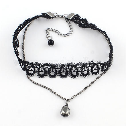 Nylon Lace Two-Tiered Necklaces with Glass Pendants and Platinum Tone Iron End Chains NJEW-R235-26-1