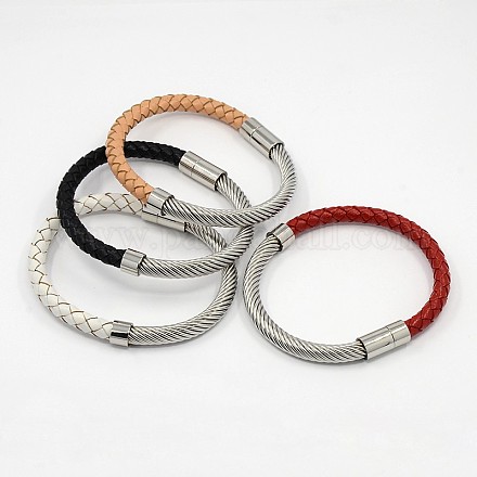 Fashionable Unisex Stainless Steel Braided Leather Cord Magnetic Clasps Bracelets BJEW-L237-06A-1