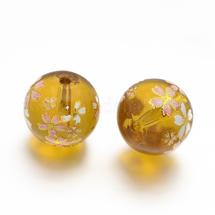 Flower Painted Transparent Glass Round Beads GLAA-J084-B03-1