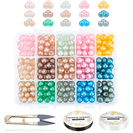 SUPERFINDINGS About 525PCS 8mm Spray Painted Glass Beads Stretch Bracelet Making Kits Scissors Beading Needles for Bracelet Necklace Earrings Jewelry Making DIY-FH0001-029-1