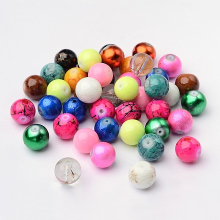 Perles en verre rondes peint à la bombe couleur mixte et style mixte DGLA-X0003-14mm-1