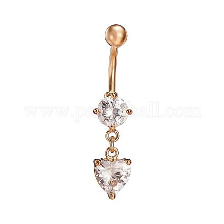 Real 18K Gold Plated Brass Rhinestone Heart Navel Ring Belly Rings AJEW-EE0001-56A-1
