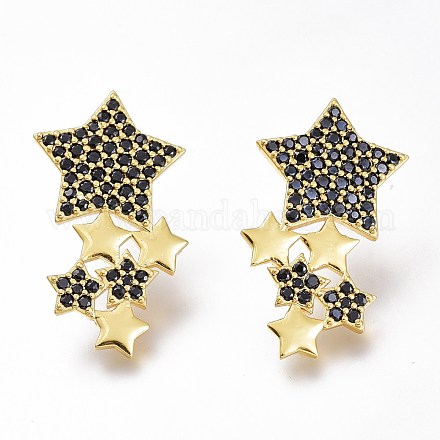 Brass Micro Pave Black Cubic Zirconia Star Stud Earrings ZIRC-I049-24G-02-1