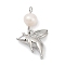 Natural Cultured Freshwater Pearl & Brass Pendants, Pig Charms, Rack Plating, Cadmium Free & Lead Free, Long-Lasting Plated, Platinum, 24x14x6.5mm, Hole: 2mm