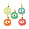 304 Stainless Steel Enamel Pendants, with Jump Ring and Rhinestones, Ion Plating(IP), Flat Round with Eye Charm, Real 14K Gold Plated, Mixed Color, 19.5x16x3mm, Hole: 3.7x5mm