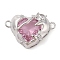 Brass Pave Glass Connector Charms, Heart Links, Cadmium Free & Nickel Free & Lead Free, Real Platinum Plated, Pearl Pink, 17x25x8mm, Hole: 1.9mm