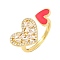 Brass Micro Pave Clear Cubic Zirconia Open Cuff Rings, Heart Enamel Ring for Women, Lead Free & Cadmium Free, Real 18K Gold Plated, Red, Inner Diameter: 17.2mm