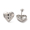 Brass Micro Pave Cubic Zirconia Stud Earrings, Heart with Cross, Lead Free & Cadmium Free, Long-Lasting Plated, Platinum, 16x17mm