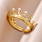 Retro Royal Style 304 Stainless Steel Imitation Pearl Cuff Rings, Crown, Inner Diameter: 18mm