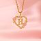 Brass Crystal Rhinestone Hollow Rose Heart with Letter Pendant Necklaces for Women, with Pink Enamel, Golden, Letter H, 19.69 inch(50cm)