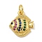 Rack Plating Brass Micro Pave Cubic Zirconia Charms, Long-Lasting Plated, Cadmium Free & Lead Free, Real 18K Gold Plated, Fish, 14x12.5x2.5mm, Hole: 3.5mm
