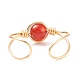 Natural Red Agate Round Beaded Open Cuff Ring RJEW-TA00041-03-6