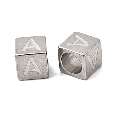 304ステンレススチールヨーロピアンビーズ  大穴ビーズ  文字付きのキューブ  文字a  7x7x7mm  穴：5mm