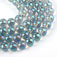 Abalorios de vidrio electroplate hebras, arco iris chapado, redondo, turquesa, 7.5x8.5mm, agujero: 1 mm, aproximamente 100~104 pcs / cadena, 70~74 cm