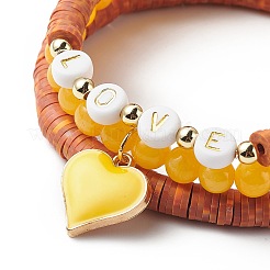 3 pièces 3 style naturel teint jaune jade & acrylique mot amour perlé bracelets extensibles sertis de breloques en alliage émail coeur&nbsp;BJEW-JB08924-03