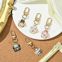 合金エナメルペンダント装飾  合金回転式ナスカン付き  カップ付きの猫の形  ミックスカラー  58mm&nbsp;HJEW-JM02632
