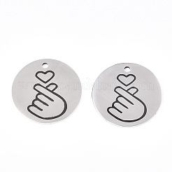 変色しない201ステンレススチールペンダント  フラットラウンドと手のジェスチャーのハート  ステンレス鋼色  30x1.5mm  穴：2mm&nbsp;LS-STAS-T064-38P-29