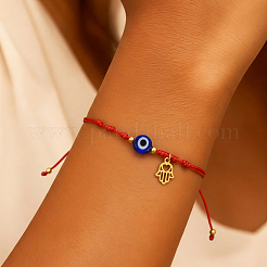 Bracelets faits main ajustables en verre bleu œil protecteur avec perles tressées et pendentif main de Hamsa en acier inoxydable&nbsp;KO5639-1