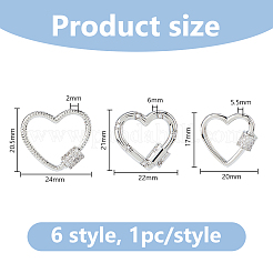 6 Stück 6 Stile Messing Micro Pave klare Zirkonia Schraubkarabiner Verschluss Charms&nbsp;ZIRC-DC0001-40