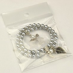 母と娘のための素敵なウェディングドレス天使のジュエリーセット  ストレッチブレスレット  ガラスパールビーズとチベット風のビーズで  ライトグレー  45mmと55内径&nbsp;BJEW-JB00728-20