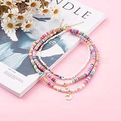 ムーン＆スターブラスペンダントネックレスセット  ガラスシードビーズで  ポリマークレイヘイシービーズ  ナザールボンジュウランプワークビーズと天然真珠ビーズ  ゴールドカラー  ミックスカラー  16.2インチ（41.2cm）  15インチ（38cm）  18インチ（45.8cm）  3個/セット&nbsp;NJEW-JN03438