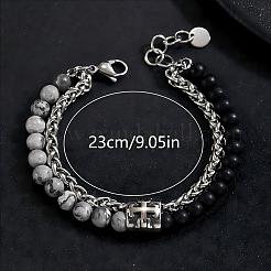 Bracelets à un rang de perles rondes en pierre de carte naturelle et obsidienne givrée&nbsp;NT5911-1