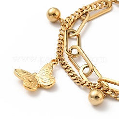 Pulsera de varias vueltas con dije de mariposa y bola redonda&nbsp;BJEW-G639-03G