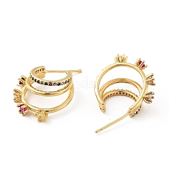 キュービックジルコニアのC型スタッドピアス  本物の 18k ゴールド メッキ 真鍮 チャンキー ハーフ フープ イヤリング 女性用  カドミウムフリー＆ニッケルフリー＆鉛フリー  カラフル  19x18x6mm  ピン：0.8mm&nbsp;EJEW-G297-25G-04