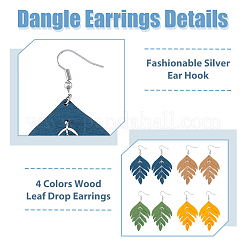 4 пара двухцветных сережек-подвесок в виде деревянных листьев EJEW-FI0001-94